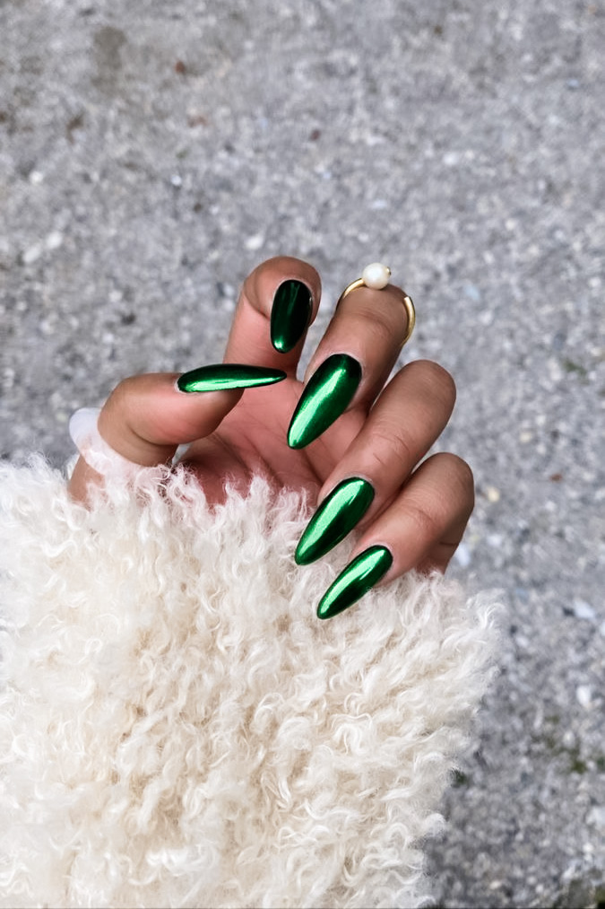 girl with Forest Green Chrome Nails for fall