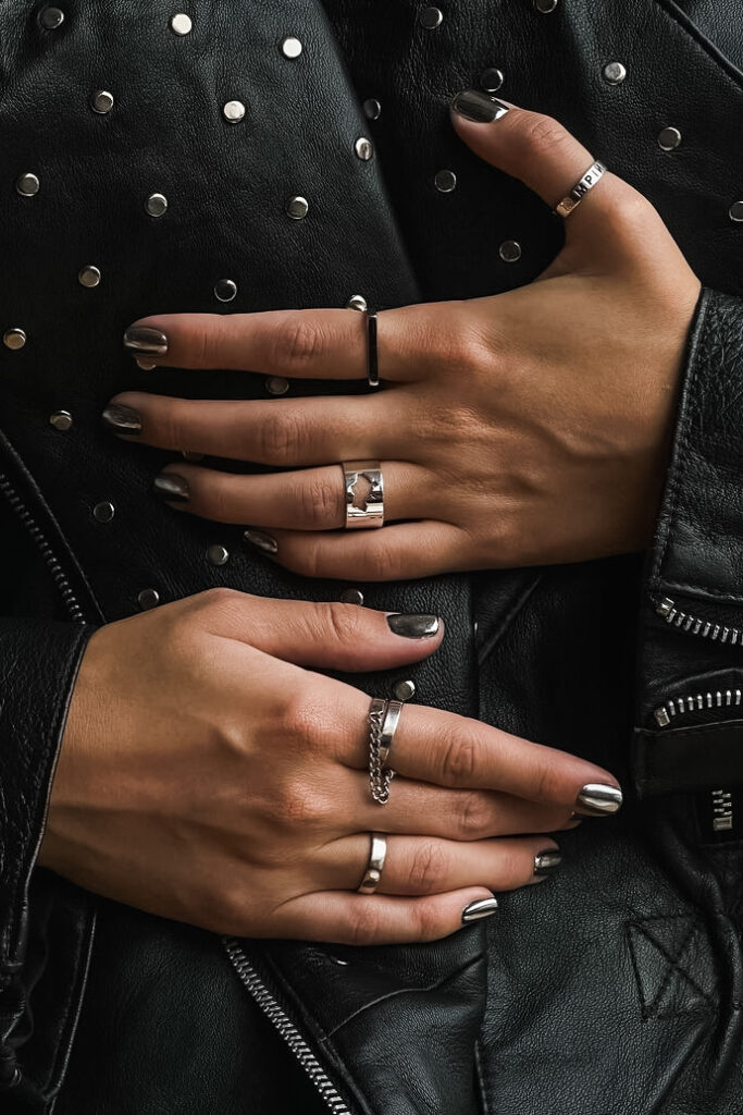 woman's hand with moody gray manicure