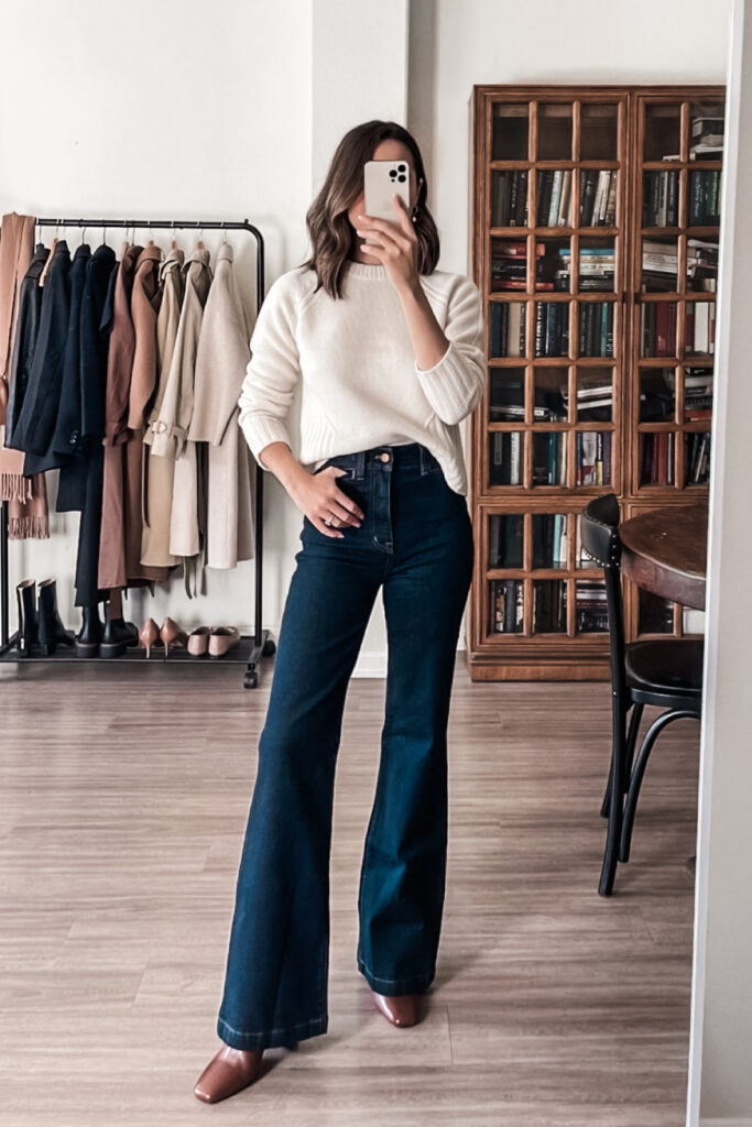 woman wearing wide legged jeans for work