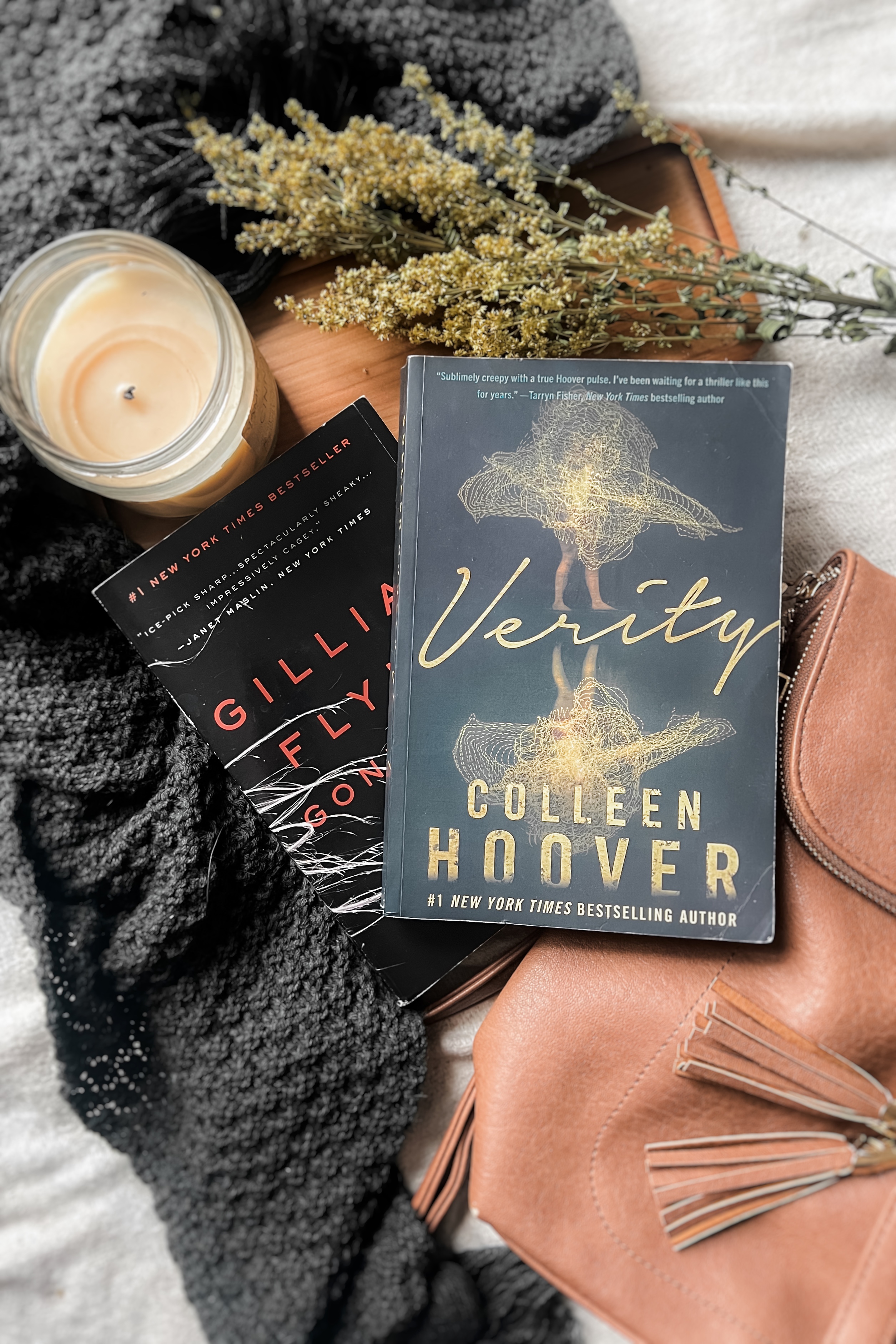 verity and gone girl book flatlay